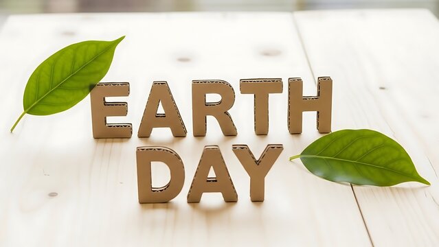 Earth day message with cardboard letters and green leaves on wood. - Powered by Adobe