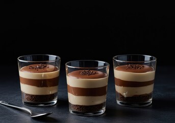 Decadent individual servings of rich chocolate mousse and creamy layered sweets, perfect for controlled indulgence and catering events ,colorful ,bite ,platter