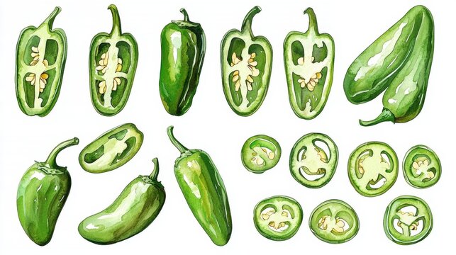 Captivating watercolor art capturing the essence of green jalapeno peppers.