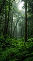Fototapeta premium Dense tropical jungle environment featuring vibrant green ferns, massive canopy trees, and humid air, representing endangered ecosystems ,terrain ,undergrowth ,jungle