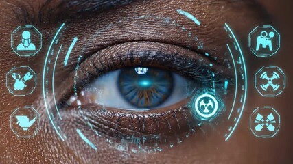 Futuristic Eye Scan Concept - A close-up shot showcases a detailed blue eye, enhanced with digital futuristic elements suggesting advanced technology. - Powered by Adobe