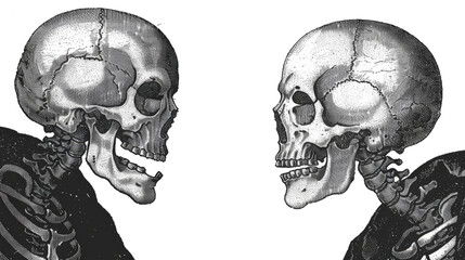 Vintage Anatomical Illustration of Two Human Skulls Facing Each Other