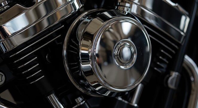 Detailed macro shot of super shiny, clean chrome plating on a classic motorcycle engine component reflecting bright light ,exhaust ,chopper ,finish