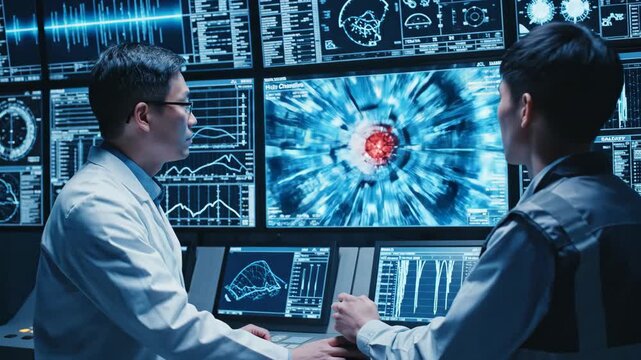 Engineers Analyzing Reactor Core Video Feed - Two engineers are analyzing high-resolution video feeds of a nuclear reactor core in a control room filled with monitors displaying technical data and
