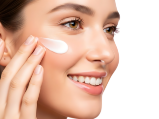 Woman applying moisturizing cream to her cheek with a smile