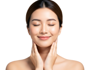 Beautiful asian woman with closed eyes and hands on her neck