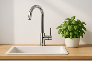 Modern Kitchen Fixture and Herb: A close-up view presents a sleek, contemporary kitchen sink with a chrome faucet. Beside it, a vibrant potted herb plant adds a touch of freshness. 