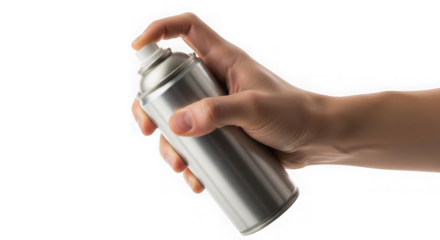 Hand holding a silver spray paint can, isolated on white isolated on transparent background