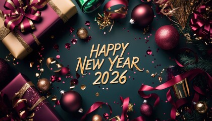 Festive arrangement of celebratory elements conveys a greeting for the forthcoming year two thousand twenty six