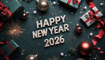 Festive three dimensional typography displays the greeting happy new year two thousand twenty six surrounded by holiday decorations