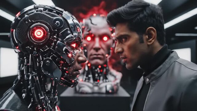 Human Confronting Machine Intelligence - A close-up video shows a young man facing a cyborg with red illuminated eyes, creating a tense confrontation between human and machine intelligence.