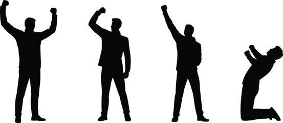 Businessman victory silhouettes celebrating success, cheering, raising arms, winning poses, joyful achievement expressions, motivational triumphant business concept illustration