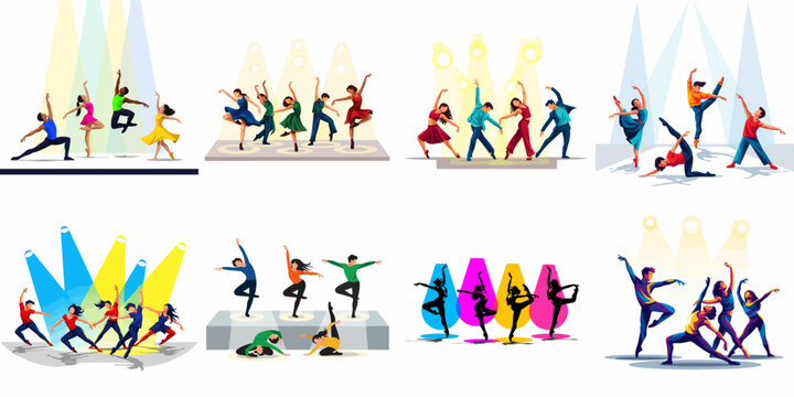 Set of vector illustrations depicting professional dancers performing various styles, highlighted by colorful stage spotlights on a white background.