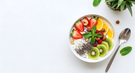 Minimalist Healthy Breakfast Bowl Flat-Lay on White Background