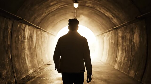 Man Walking Towards Light in Tunnel - A sepia-toned video captures a man walking away from the viewer and towards a bright light at the end of a dark, arched tunnel.