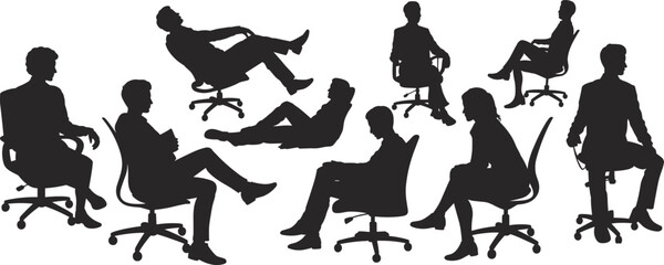 Silhouettes of business people sitting in office chairs in various relaxed poses representing workplace comfort, discussion and teamwork dynamics