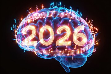 A glowing brain with music notes and a glowing sign