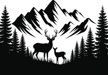 Silhouette of a majestic stag and fawn amidst a mountain forest landscape