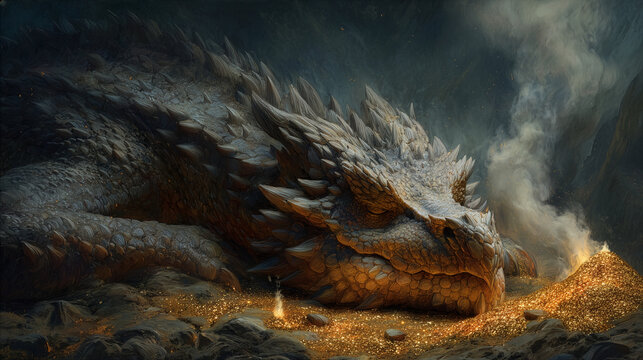 Ancient dragon sleeping on a mountain of gold, dim torchlight.