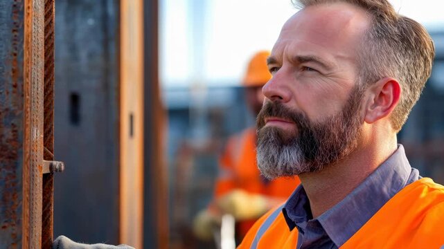 Focused construction worker safety vest and hard hat, mature bearded man industrial site inspecting steel beams with professional focus and teamwork