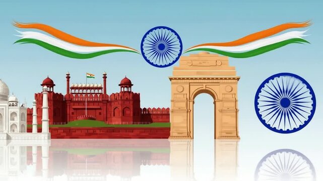 Happy Republic Day India greetings Design with Red fort , Taj Mahal and indian Flag With Ashoka Chakra , Vector illustration design.