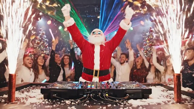 Santa Claus DJ at Christmas Party - A DJ dressed as Santa Claus mixes music at a Christmas nightclub party with falling snow. The crowd is energetic and enjoying the festive holiday event.