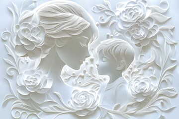 Intricate white bas-relief sculpture portrays a mother and child nestled within floral ornamentation
