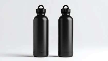 Two matte black metal bottles, studio