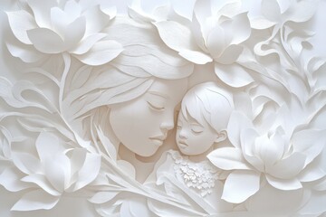 Fototapeta premium Intricate white paper sculpture depicts maternal embrace surrounded by detailed floral elements