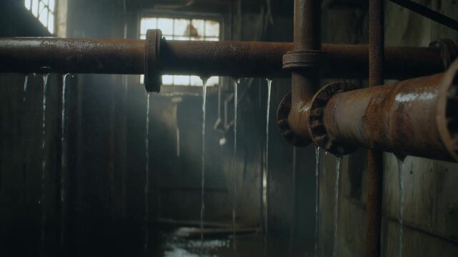 atmospheric cinematic shot of old rusted pipes dripping water in an abandoned industrial basment