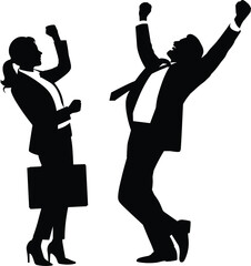Silhouettes of excited business professionals celebrating success with raised arms, expressing achievement, motivation, teamwork, corporate victory and professional accomplishment