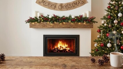 A warm and inviting winter holiday scene featuring a crackling fireplace, casting a comforting glow. The rustic wooden mantelpiece is adorned with lush evergreen garland, vibrant red berries, flickeri - Powered by Adobe