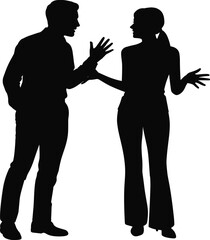 Silhouettes of man and woman talking with expressive hand gestures, discussing ideas or disagreement in communication and interaction scene