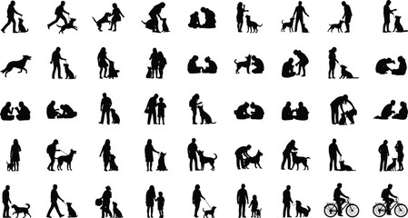 Silhouettes of people walking, training, playing, and bonding with dogs in various poses for pet, family, and lifestyle projects