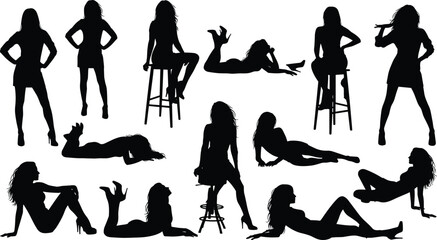 Silhouettes of women posing in standing, sitting, and reclining model positions for fashion, beauty, artistic design and illustration use
