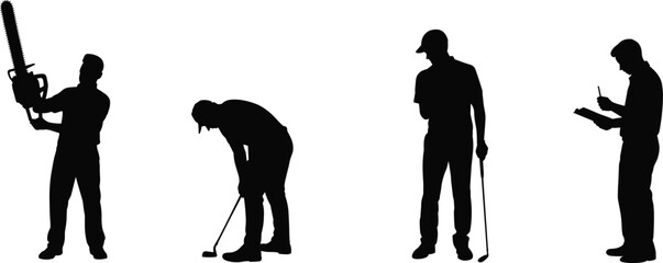 Silhouettes of workers and golfers performing various tasks including chainsaw handling, golfing actions and note-taking in professional settings