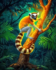 Colorful Lemur Climbing a Tree in a Lush Tropical Jungle Environment with Vibrant Green Foliage and Bright Lighting Effects