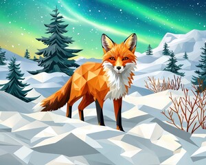 Stunning low-poly art of a fox surrounded by snow-covered landscape and northern lights in a tranquil winter scene