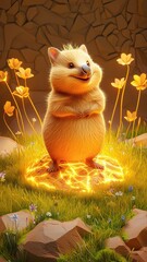 Cute wombat standing on glowing earth surrounded by vibrant flowers in a magical and enchanting natural setting