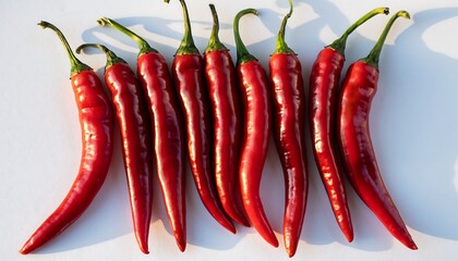 Naklejka premium Fresh red chili peppers with a glossy surface and vibrant color, neatly arranged on a clean white background, ideal for food, spice, and organic produce visuals.