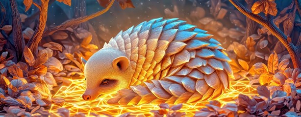 Cozy and Enchanted Creature Nestled Among Glowing Forest Foliage with Vibrant Leaves and Magical Atmosphere