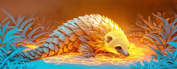 Glowing Pangolin in a Dreamy Forest Setting with Vivid Colors and Geometric Patterns at Night