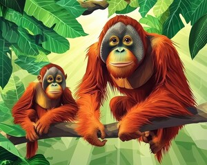 Playful Orangutans in Lush Green Jungle Setting Surrounded by Vibrant Leaves and Sunlight