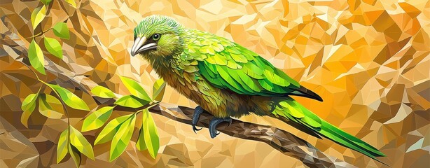 Bright Green Bird Perched on Branch Surrounded by Colorful Abstract Background in Vibrant Nature Scene
