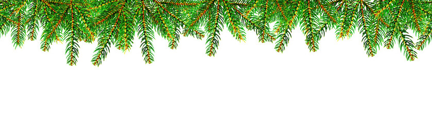 Seamless realistic pine garland top border isolated on transparent png background for christmas design