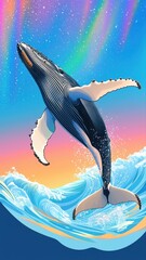 Majestic Humpback Whale Leaping Through Vibrant Ocean Waves Under a Colorful Aurora Sky in a Stunning Digital Art Style