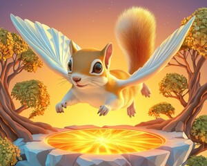 Flying Squirrel with Wings Above Glowing Circle Surrounded by Trees at Golden Sunset in Magical Fantasy Landscape