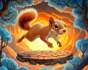 Cute Squirrel Jumping in a Mystical Forest with Warm Glowing Background and Blue Trees, Fantasy Illustration