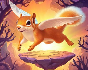 Playful Flying Squirrel Soars Above a Colorful Fantasy Landscape with Wings in a Whimsical Forest Scene