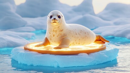 Adorable seal resting on glowing ice platform in a serene Arctic landscape surrounded by soft snow and shimmering water reflections
